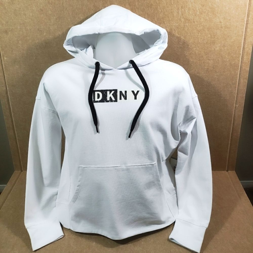 DKNY Womens Cotton Logo Graphic White Long Sleeve Hoodie -C